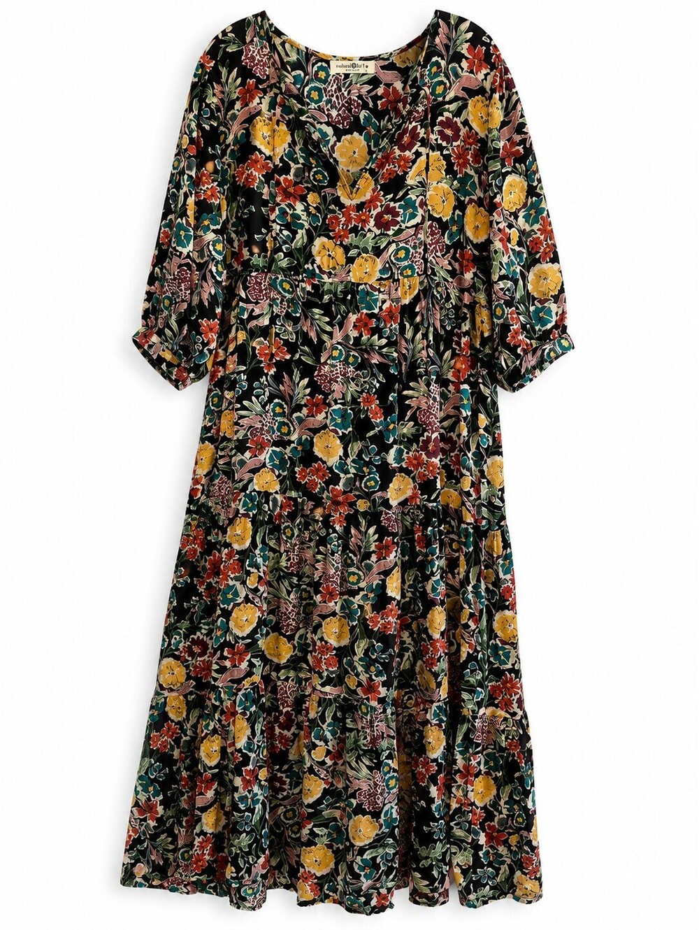 Natural Life M Black Floral Tiered Maxi Dress Boho Cottagecore Rayon